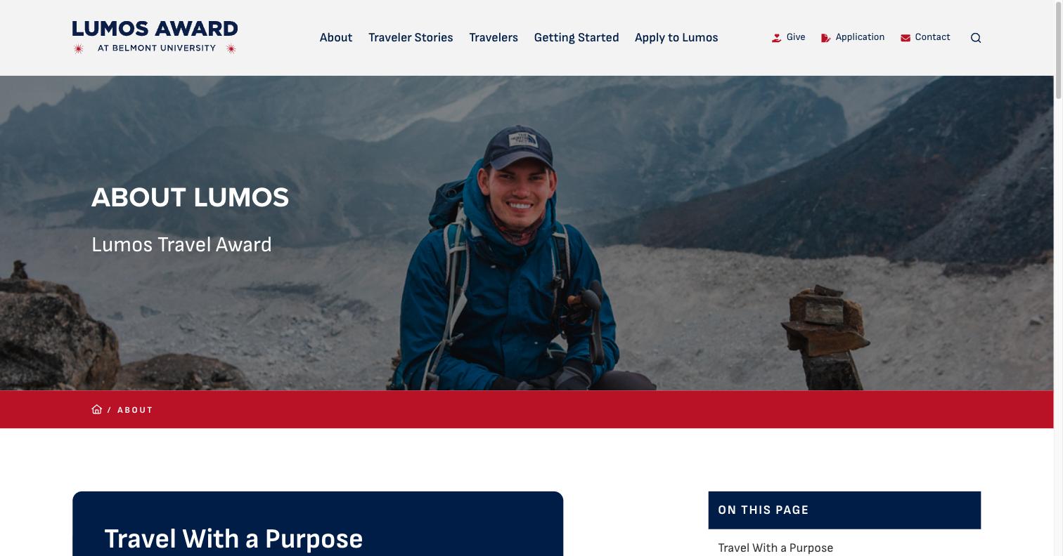 Belmont Lumos - About Page - live site screenshot