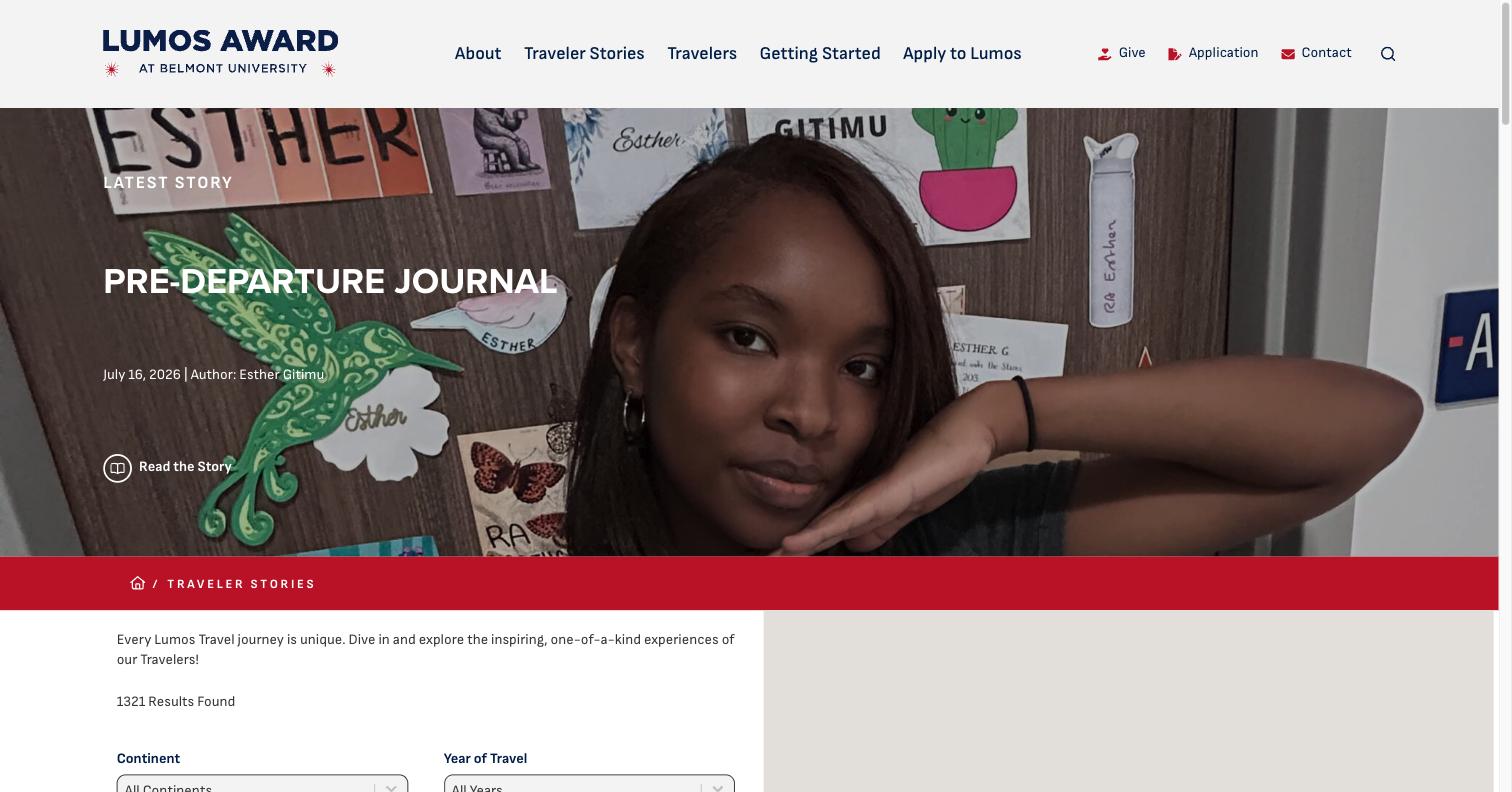 Belmont Lumos - Traveler Stories Page - live site screenshot