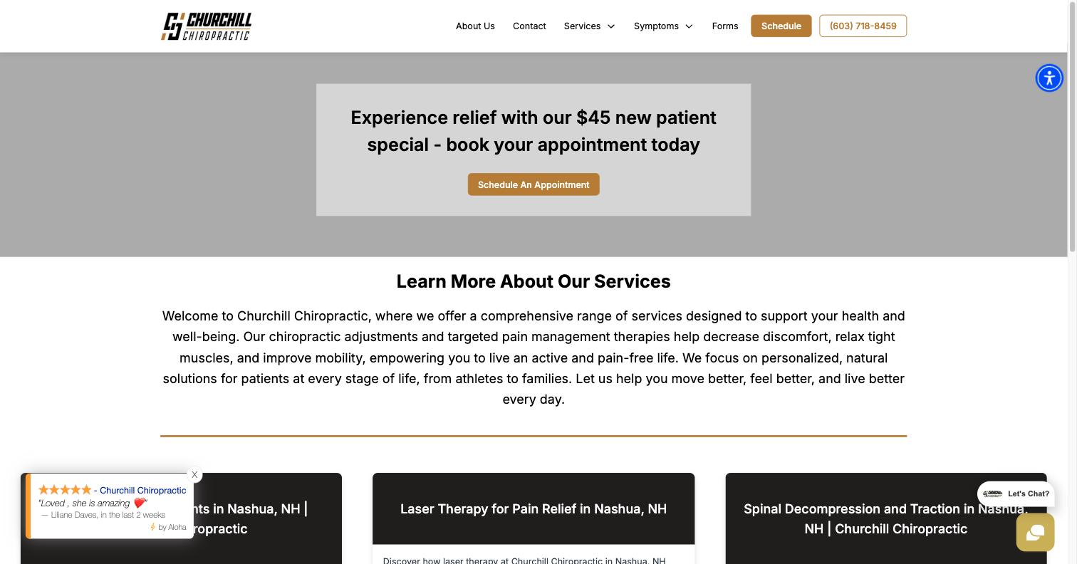 Churchill Chiropractic - Services - live site screenshot