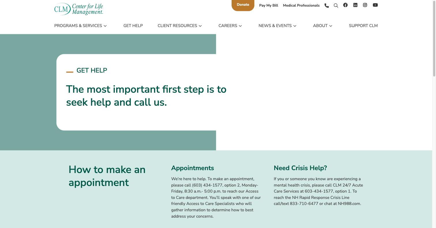 Center for Life Management - Get Help Page - live site screenshot