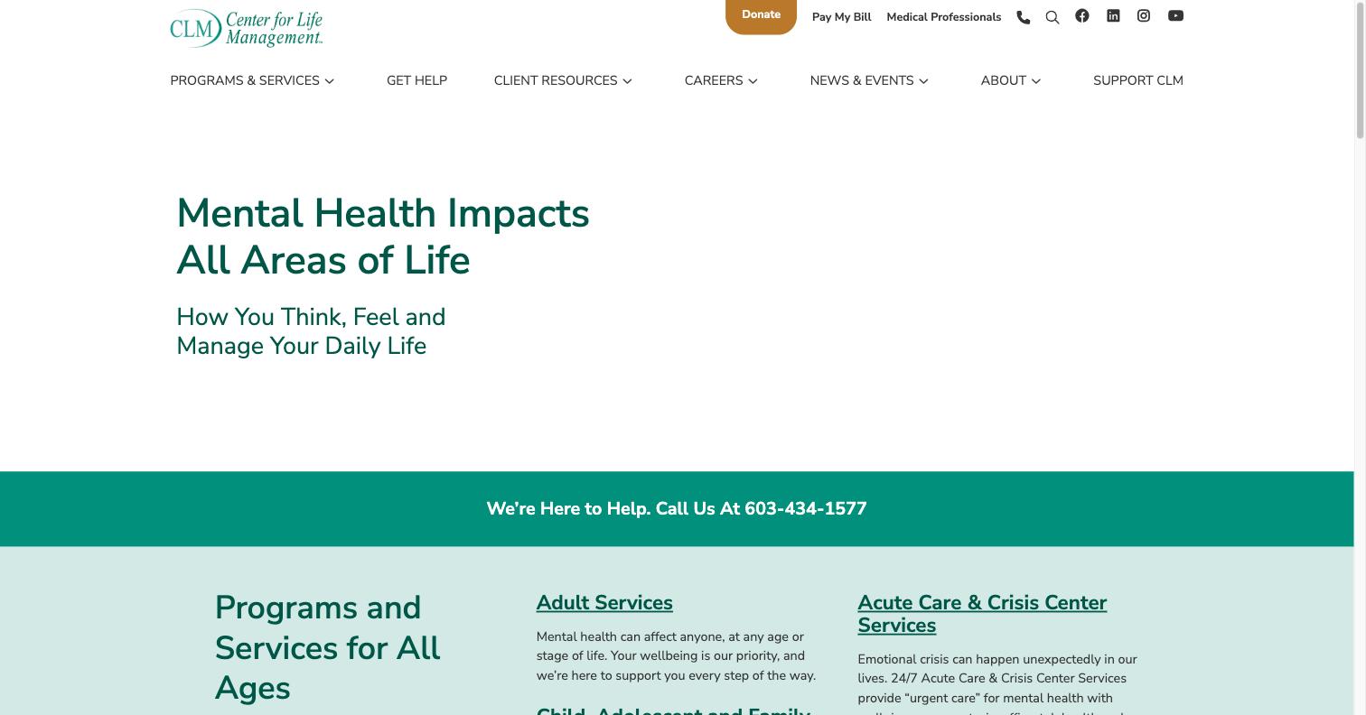Center for Life Management - Homepage - live site screenshot