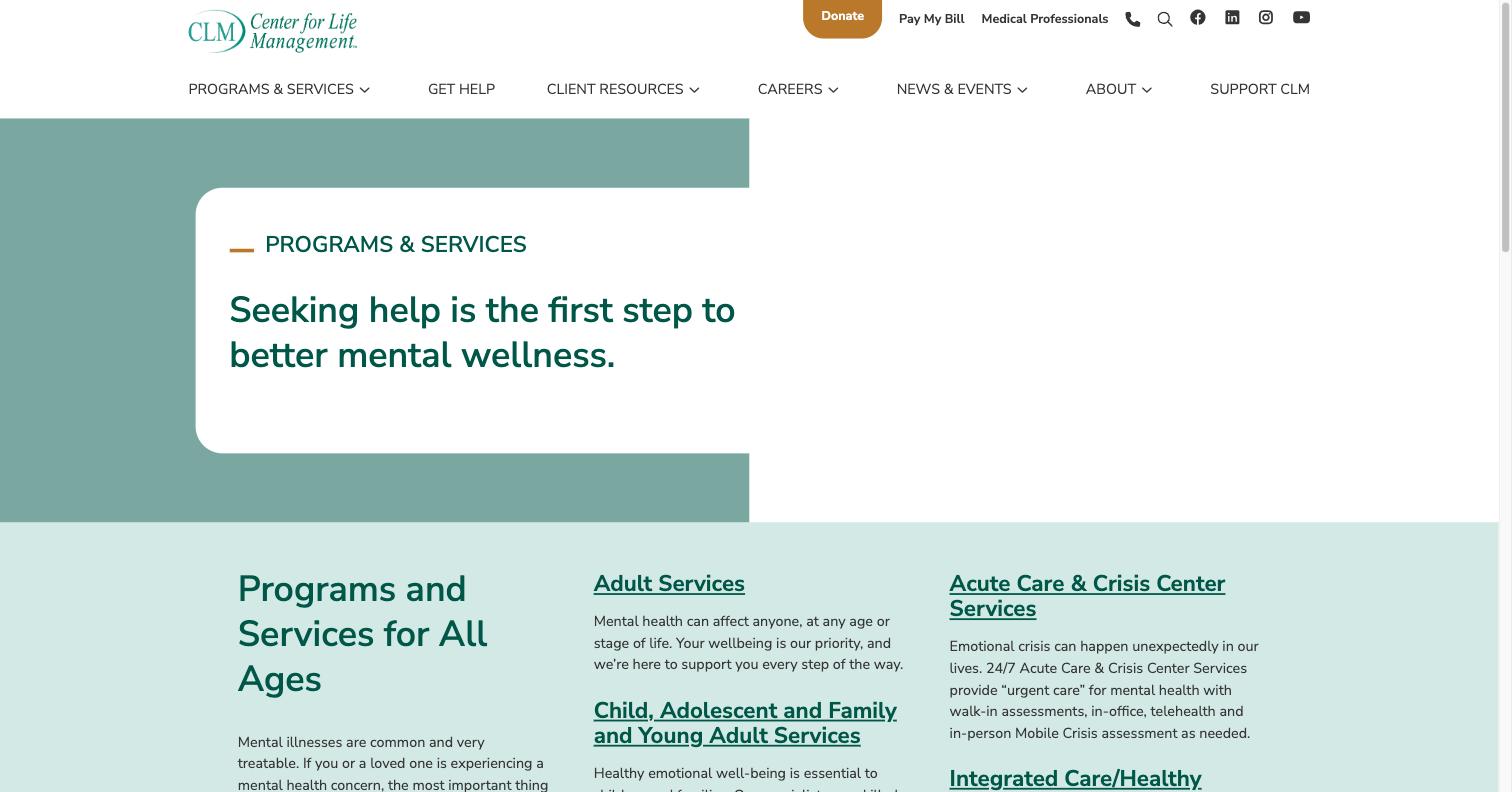 Center for Life Management - Programs & Services Page - live site screenshot