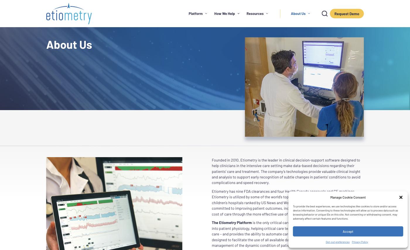 Etiometry - About Us Page - live site screenshot