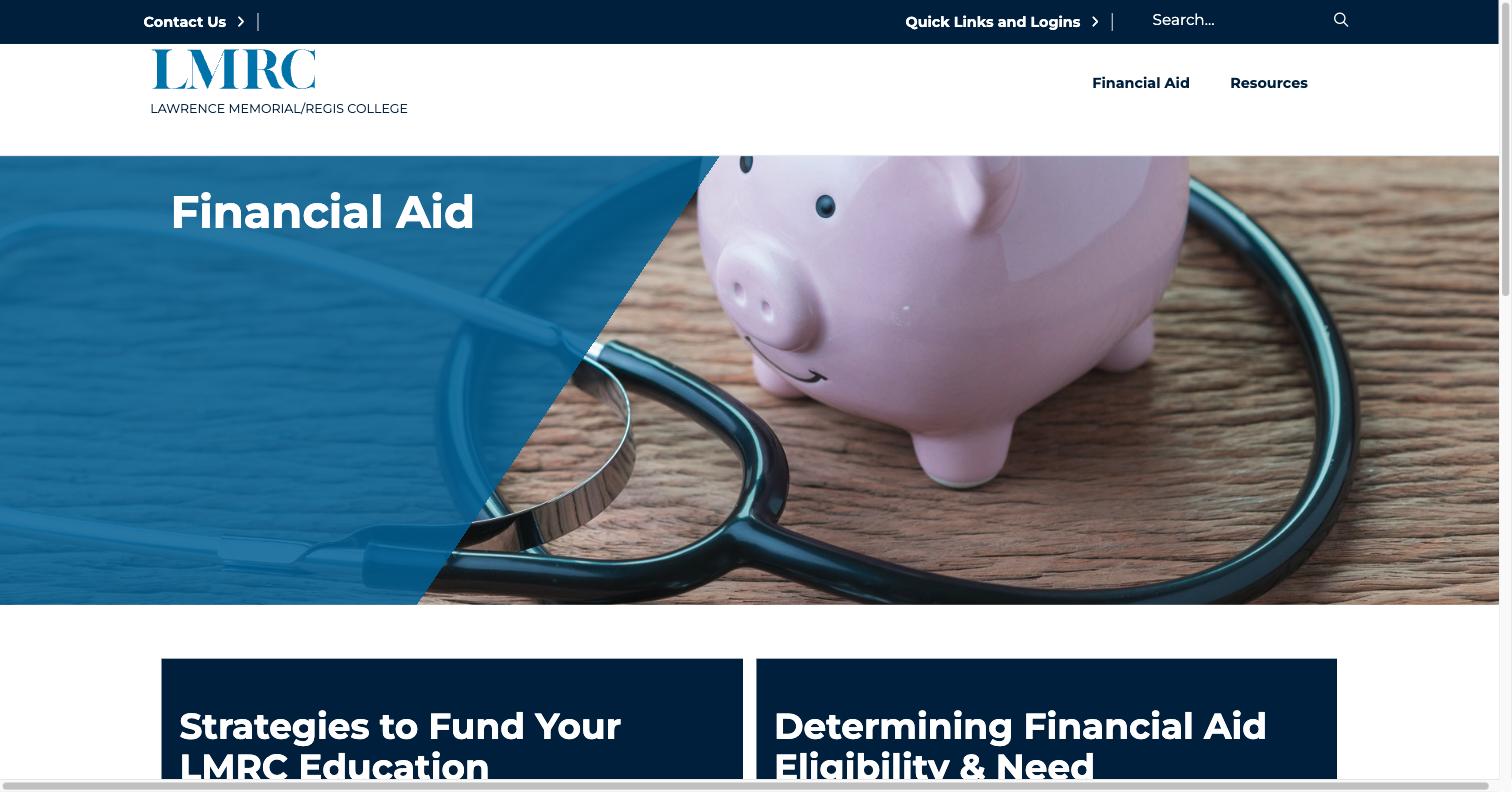 Lawrence Memorial/Regis College - Financial Aid - live site screenshot