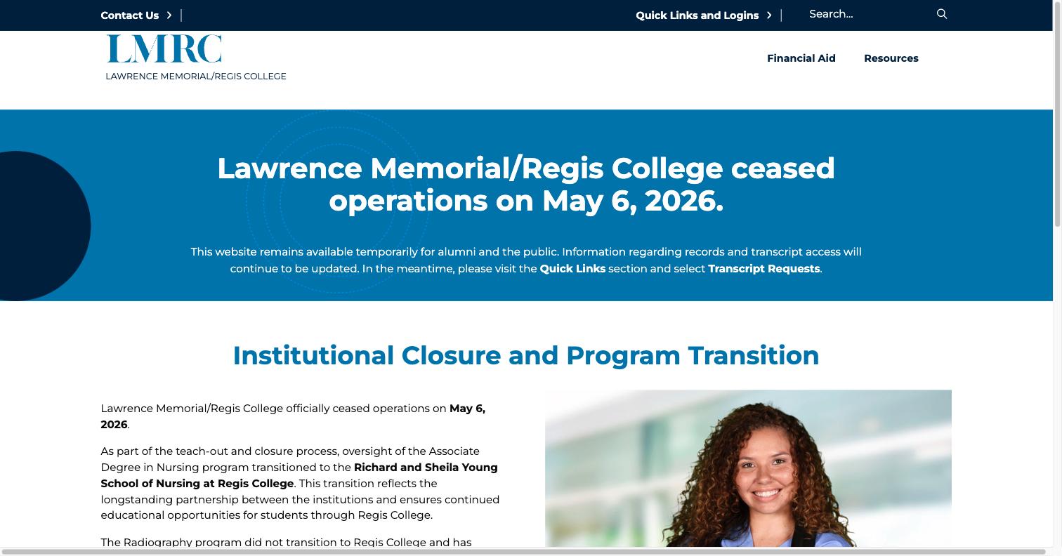Lawrence Memorial/Regis College - Homepage - live site screenshot