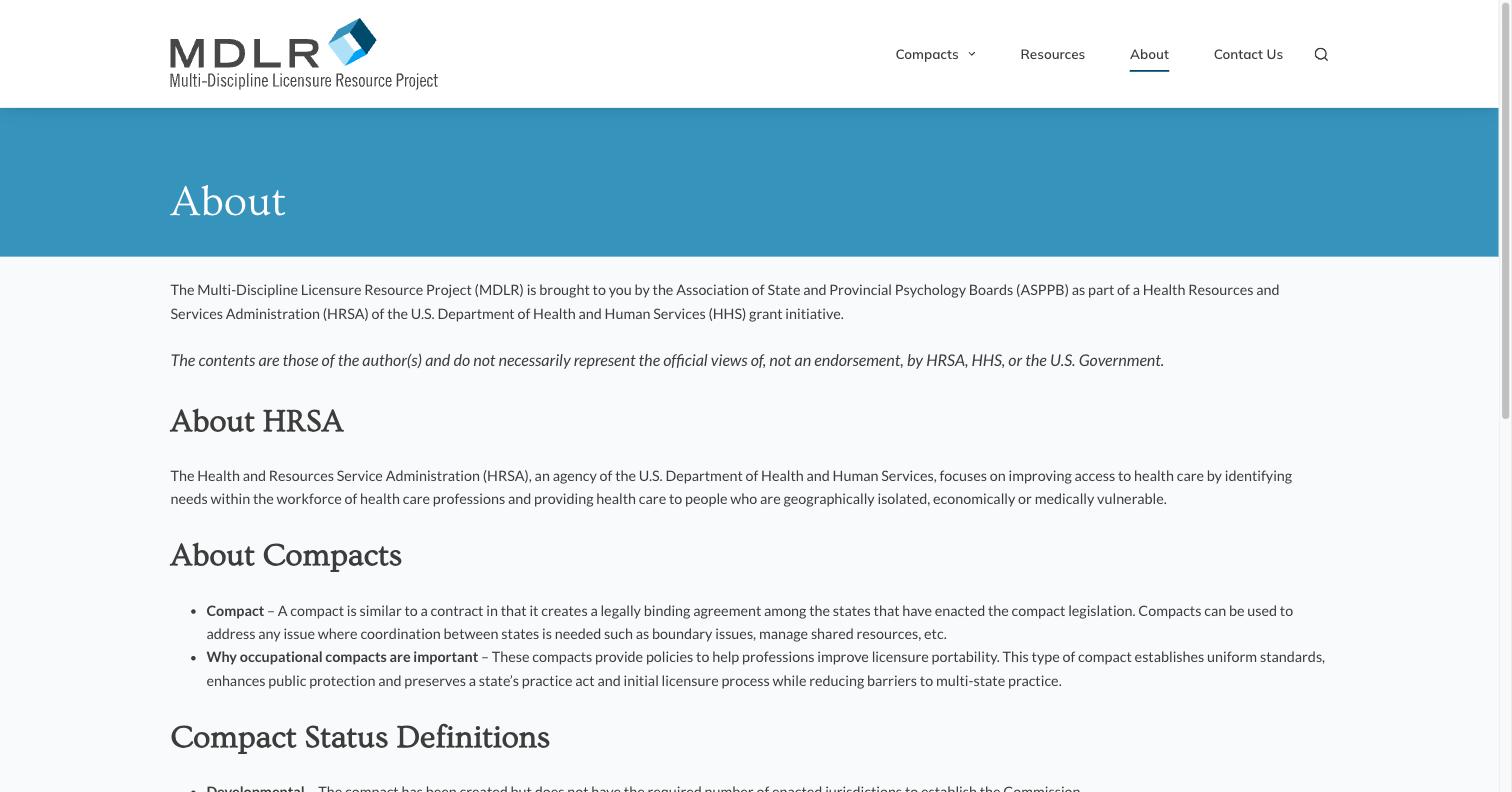 Multi-Discipline Licensure Resource Project - About Page - live site screenshot