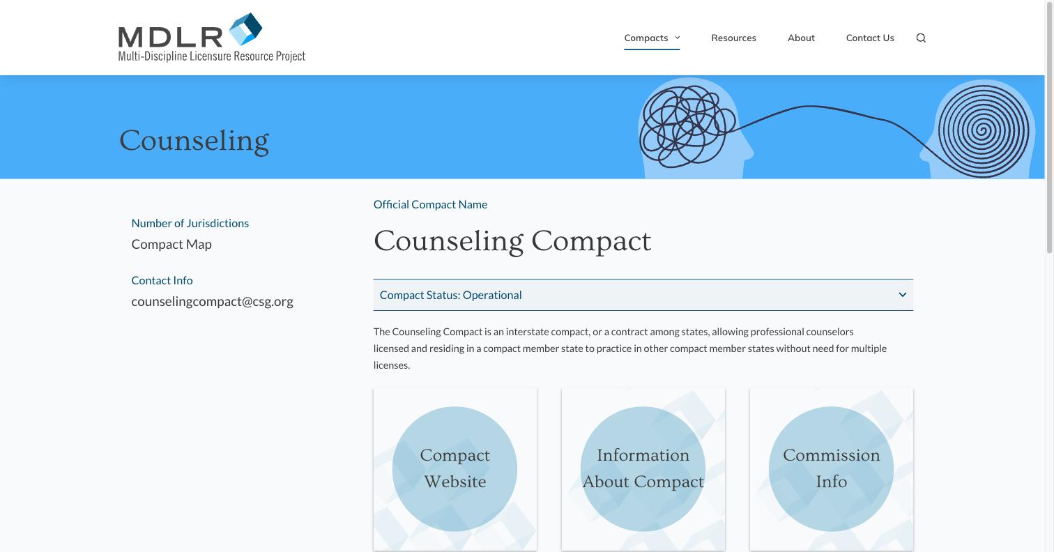 Multi-Discipline Licensure Resource Project - Counseling Compact Page - live site screenshot